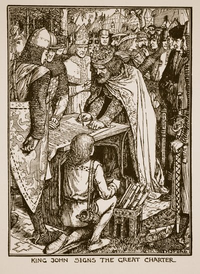 Kung John sjunger den stora stadgan, illustration från "A History of England" av C.R.L. Fletcher och Rudyard Kipling, 1911. av Henry Justice Ford