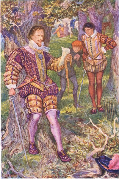 Leicester läser Amys brev, illustration från Kenilworth, c.1910 av Henry Justice Ford
