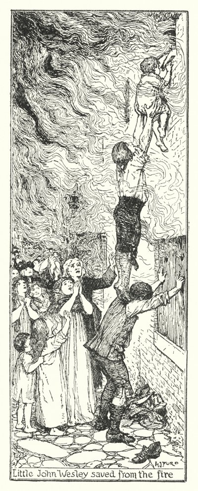 Lille John Wesley räddad från elden (litho) av Henry Justice Ford