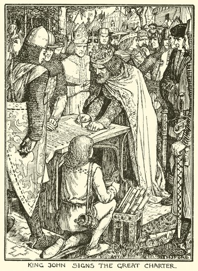Magna Charta. Kung John undertecknar den stora stadgan (gravyr) av Henry Justice Ford