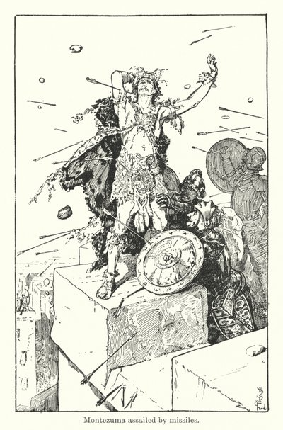 Montezuma attackerad av missiler (gravyr) av Henry Justice Ford