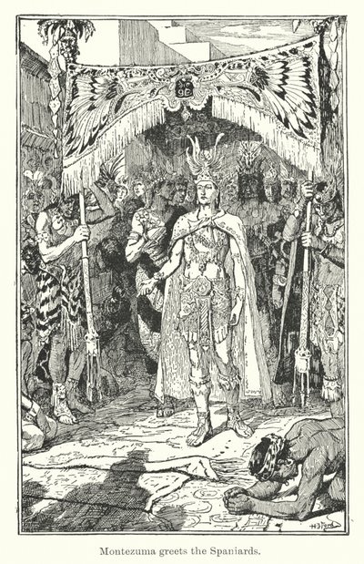 Montezuma hälsar på spanjorerna (gravyr) av Henry Justice Ford
