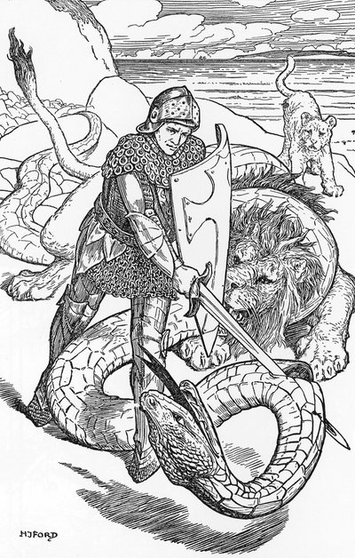 Percival slåss mot ormen Illustration av HJ Ford (1860-1940) från "The book of romance" 1902 Privat samling av Henry Justice Ford