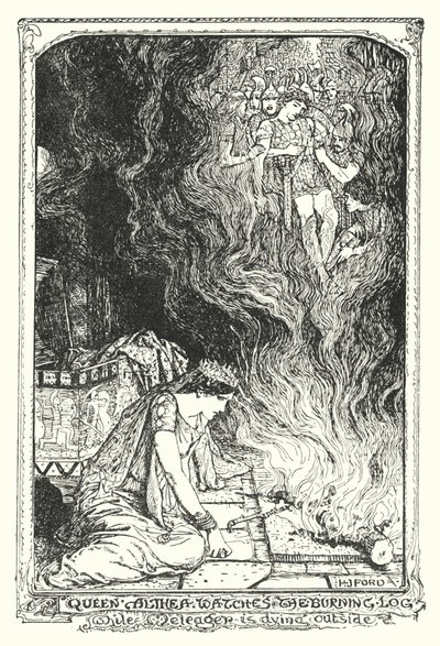 Drottning Althea tittar på den brinnande stocken medan Meleager dör utanför (litho) av Henry Justice Ford