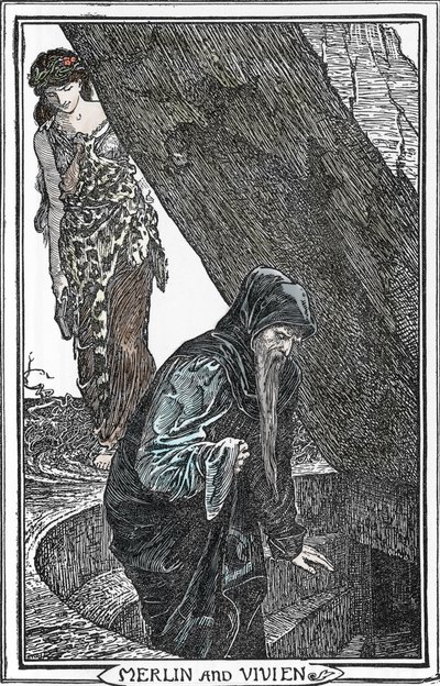 Representation av Merlin the Enchanter och Fee Viviane (Merlin anc Vivien) Illustration av Henry Justice (HJ) Ford (1860-1941) från "The book of romance"" 1902 Collection privee av Henry Justice Ford