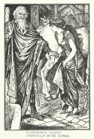 Scioravante lämnar Cannetella i stallet (gravyr) av Henry Justice Ford
