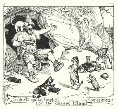 Selkirk ganska glad på den öde ön ibland (litho) av Henry Justice Ford