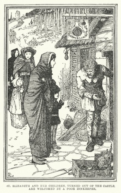 St Elizabeth och hennes barn, vänt ut från slottet, välkomnas av en fattig gästgivare (litho) av Henry Justice Ford