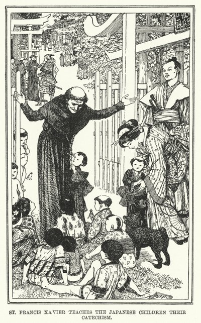 St Francis Xavier lär de japanska barnen deras katekes (litho) av Henry Justice Ford