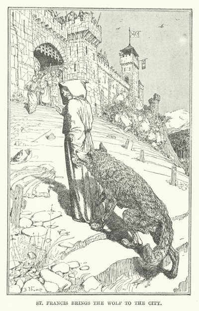 St Francis tar med sig vargen till staden (litho) av Henry Justice Ford