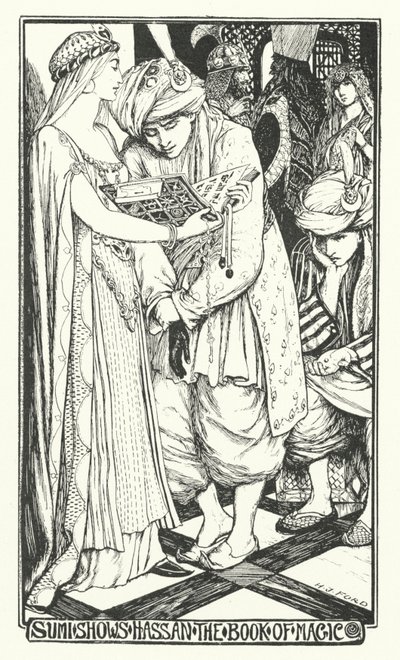 Sumi visar Hassan the Book of Magic (gravyr) av Henry Justice Ford