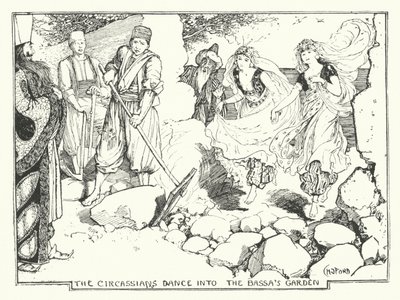 Circassians dansar in i Bassans trädgård (gravyr) av Henry Justice Ford