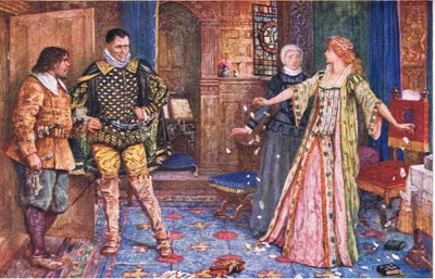 Grevinnan av Leicester river upp sin mans brev i närvaro av Varney och Foster, illustration från Kenilworth, ca 1910 av Henry Justice Ford