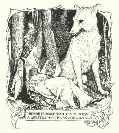 Den vita vargen ställer en fråga till prinsessan i träet (gravyr) av Henry Justice Ford