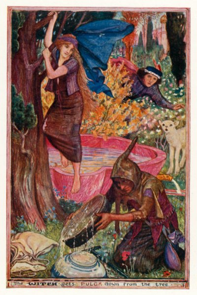 Häxan får ner Pulga från trädet (färg litho) av Henry Justice Ford