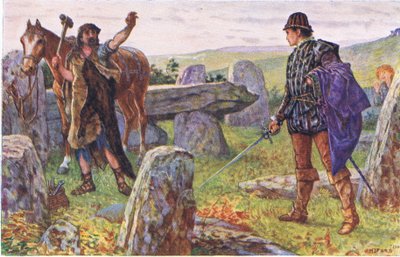 Tresilian konfronterar den mystiska hovslagaren, illustration från Kenilworth, ca 1910 av Henry Justice Ford