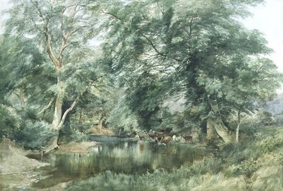 Landskap med rådjur som dricker från en flod av Henry Jutsum