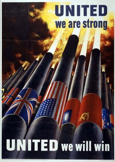 Förenade är vi starka. UNITED we will win" USA-affisch från andra världskriget med kanon, alla spränger granater mot himlen av Henry Koerner