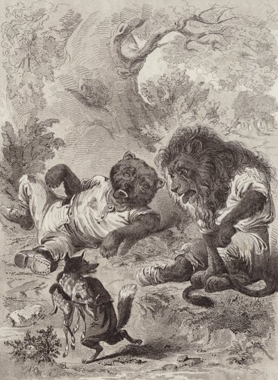 Aesops fabler: Lejonet, björnen och räven (litho) av Henry Louis Stephens