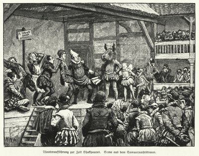 Framförande av William Shakespeares pjäs En midsommarnattsdröm under dramatikerns livstid (litho) av Henry Marriott (after) Paget