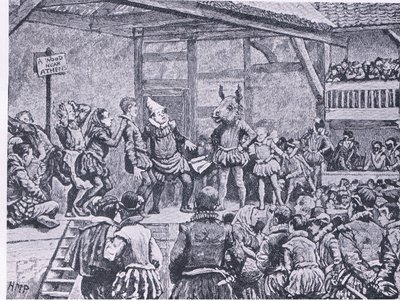 A Midsummer Nights Dream uppförd i en Elizabethansk teater, från Cassells History of the British People publicerad av Waverley Book Company, ca 1950-talet av Henry Marriott Paget
