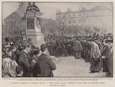 En hyllning av respekt till kinesiska Gordon, Li Hung Chang placerar en krans på statyn på Trafalgar Square av Henry Marriott Paget