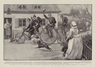 Cyklar i den tyska armén, soldater som återvänder hem på Furlough Ridande genom en by av Henry Marriott Paget
