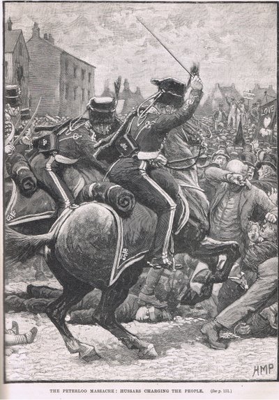 Peterloomassakern med husarerna som anklagar folket, illustration från Cassells "Illustrated History of England", publicerad ca 1910 av Henry Marriott Paget