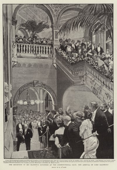 Mottagandet av Hans Majestäts ministrar på Constitutional Club, Lord Salisburys ankomst av Henry Marriott Paget