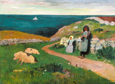 Unga bretonska flickor på fältet (olja på duk) av Henry Moret