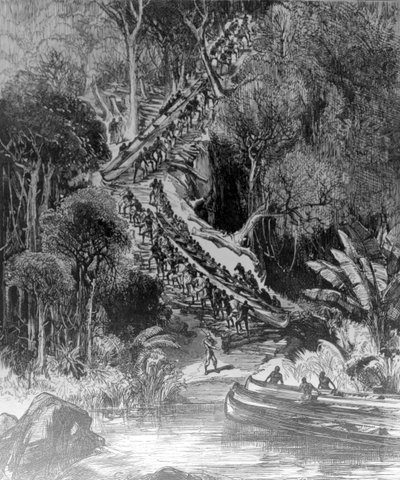 Hauling Canoes Up Inkisi Falls, publicerad "The Illustrated London News" 6 februari 1878 av Henry Morton Stanley
