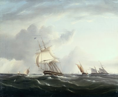 En fregatt, en paddlesteamer och Dutch Smallcraft in the Downs (olja) av Henry Moses