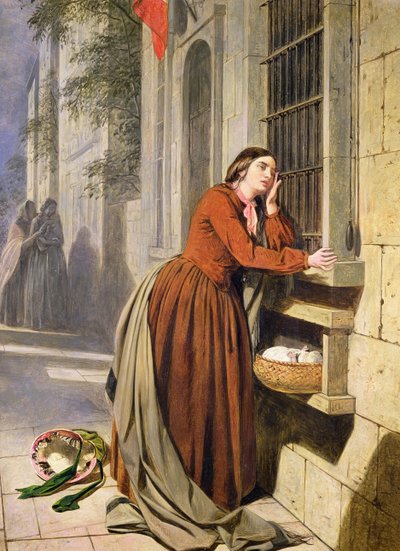 Mamma deponerar sitt barn på Foundling Hospital i Paris, ca 1855-60 (olja på trä) av Henry Nelson O