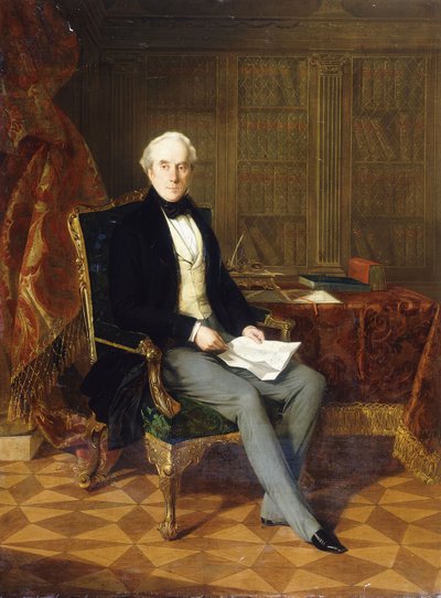 Porträtt av Henry Pelham-Clinton, K.G., 4:e hertigen av Newcastle, håller ett dokument, i hans studie, 1850 av Henry Nelson ONeil