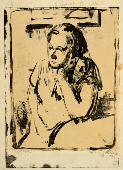 Kvinnan sitter vid ett runt bord med handen under kinden av Henry Nielsen
