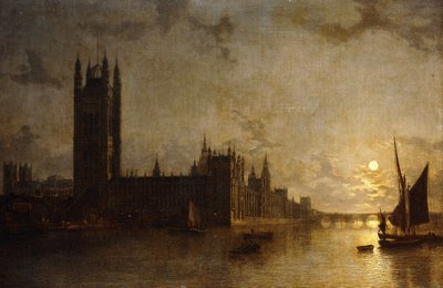Westminster Abbey, The Houses of Parliament med konstruktionen av Westminster Bridge, 1859 av Henry Pether