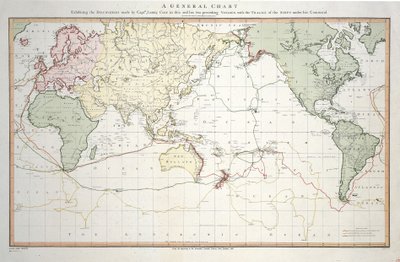 En översiktskarta som visar de upptäckter som kapten James Cook gjorde under denna och sina två föregående resor med spåren efter de fartyg som var under hans befäl. Av löjtnant Roberts från hans majestäts flotta av Henry Roberts
