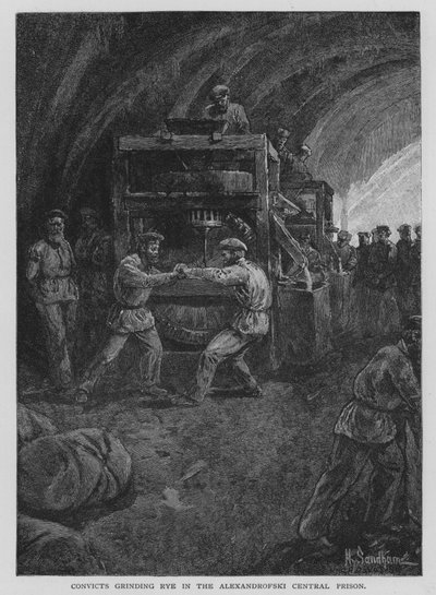 Fångar som maler råg i Alexandrofskis centralfängelse (litho) av Henry Sandham