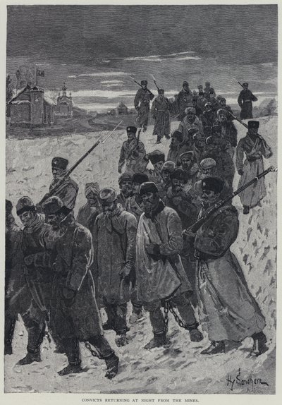 Kara, fångar som återvänder på natten från gruvorna (litho) av Henry Sandham