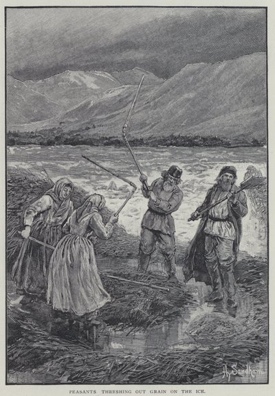 Bönder som tröskar säd på isen (litho) av Henry Sandham
