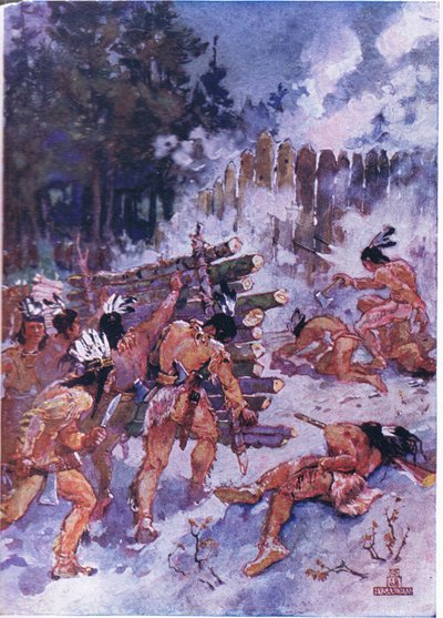 Röda indianer attackerar en stockade av Henry Sandham
