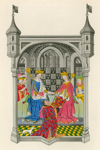 John Talbot, Earl of Shrewsbury, presenterar sin bok för drottning Margareta, illustration från "Dresses and Decorations" av Henry G. Bohn. av Henry Shaw