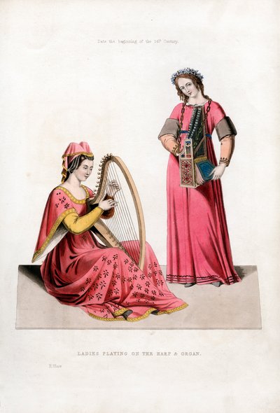 Damer som spelar på harpa och orgel, tidigt 1300-tal, 1843. av Henry Shaw