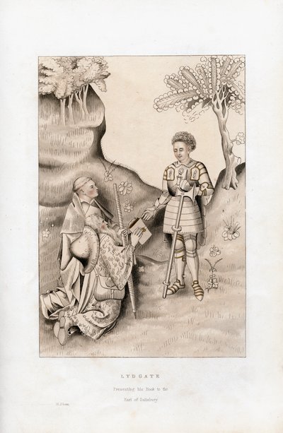Lydgate presenterar sin bok för Earl of Salisbury, 1426, 1843. av Henry Shaw