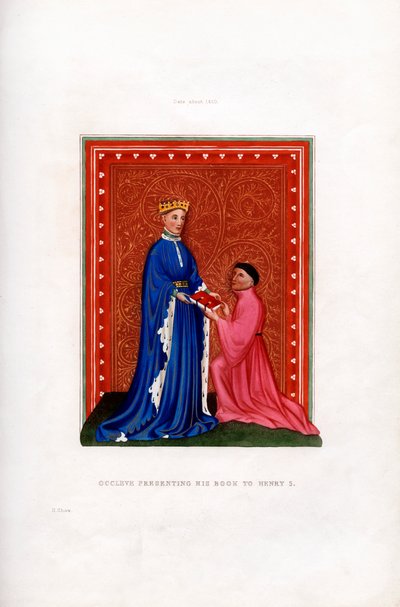 Occleve presenterar sin bok för Henry V, c1410, 1843. av Henry Shaw