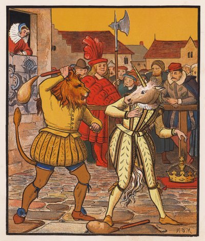 Lejonet och enhörningen (färglitografi) av Henry Stacy (after) Marks