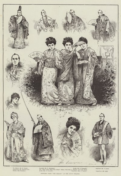 Skisser från "The Mikado" på Savoy Theatre (gravyr) av Henry Stephen (b.1861 fl.1880 1925) Ludlow