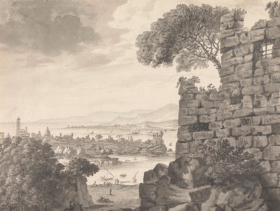 Landskap med ruiner i förgrunden, hamnen och byn, i bakgrunden av Henry Swinburne