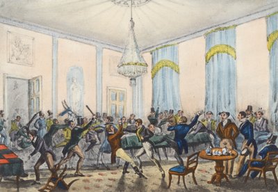 En hel rad i ett helvete, Mytton visar slagsmål (litografi) av Henry Thomas (after) Alken