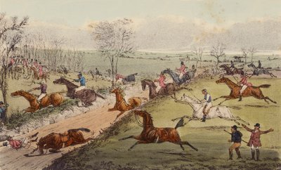 A Steeple-Chase, The Sunken Road (färg litho) av Henry Thomas (after) Alken